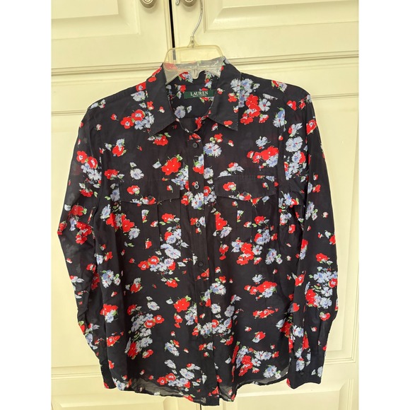 Lauren Ralph Lauren Tops - Lauren Ralph Lauren Silk Blend Floral Poppy Button Down Shirt Navy Red Blue L